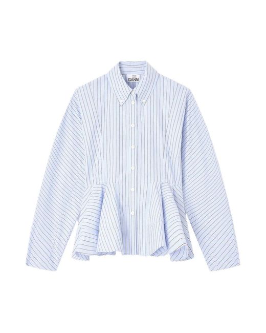 Ganni Overhemden ,Blauw ,Gestreepte Peplum Shirt Lavendel Glans in het Blue