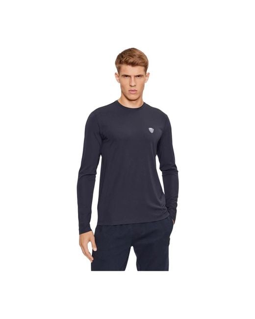 EA7 Tops ,Blauw ,Stretch T-Shirt Met Ronde Hals En Lange Mouwen in het Blue voor heren