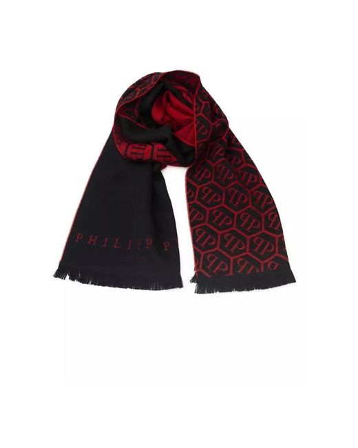 Philipp Plein Elegant monogram fringed wool blend scarf in Red für Herren