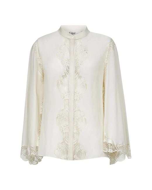 Chloé Zijden Mandarin Kraag Wijd Uitlopende Mouw Shirt in het White
