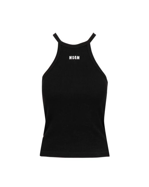 MSGM Tops ,Zwart ,Katoen Zwarte Geribbelde Katoenen Top Met Ronde Hals in het Black