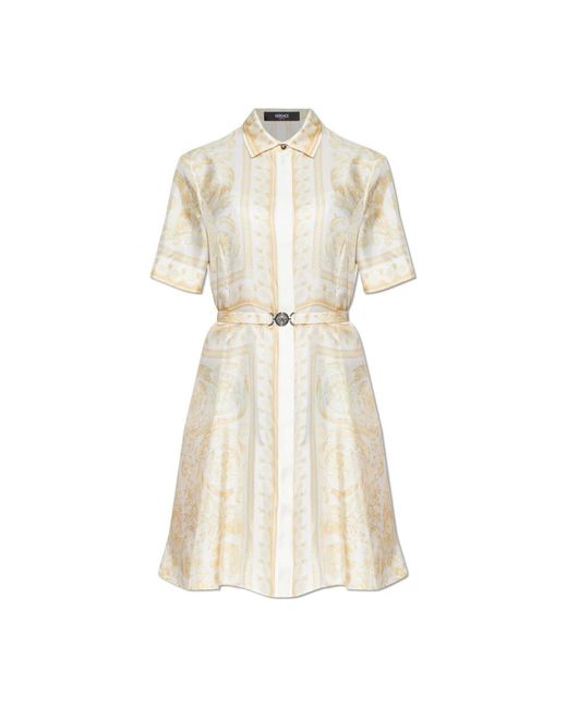 Versace Kleedjes ,Geprinte Zijden Twill Midi Overhemdjurk in het Natural
