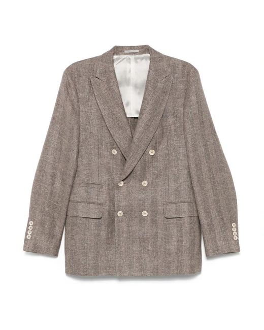 Brunello Cucinelli Doppelreihiger leinen seiden wollmantel,brauner gestreifter leinen seiden blazer in Brown für Herren