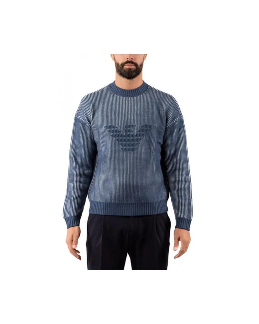 Emporio Armani Blue Round-Neck Knitwear for men