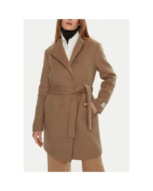 Calvin Klein Brown Wollmantel mit trichterhals für frauen