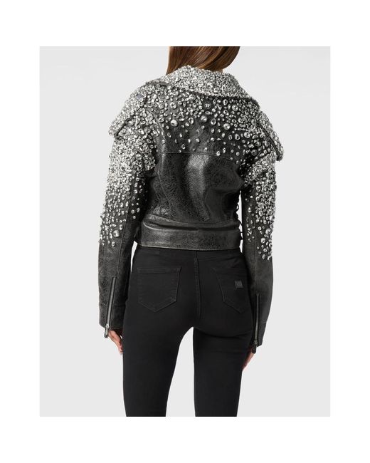 Philipp Plein Jassen ,Zwart ,Leer Leren Cropped Biker Jacket Ls Strass in het Black