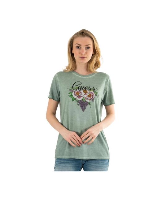 T-shirt in cotone con logo e strass di Guess in Green