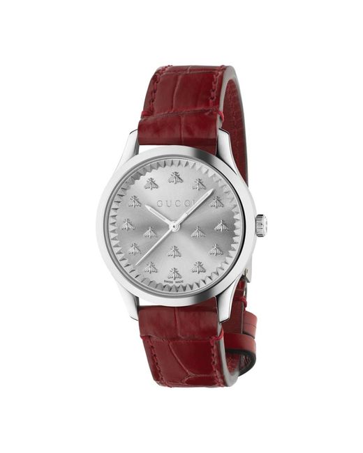 Gucci Accessoires ,Bruin ,32 Mm Stalen Kast, Zon Geborstelde Wijzerplaat Met Bijen, Rode Gekleurde Alligator Band in het Red