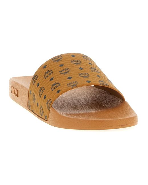 MCM Schoenen ,Bruin ,Monogram Print Rubber Slides in het Brown