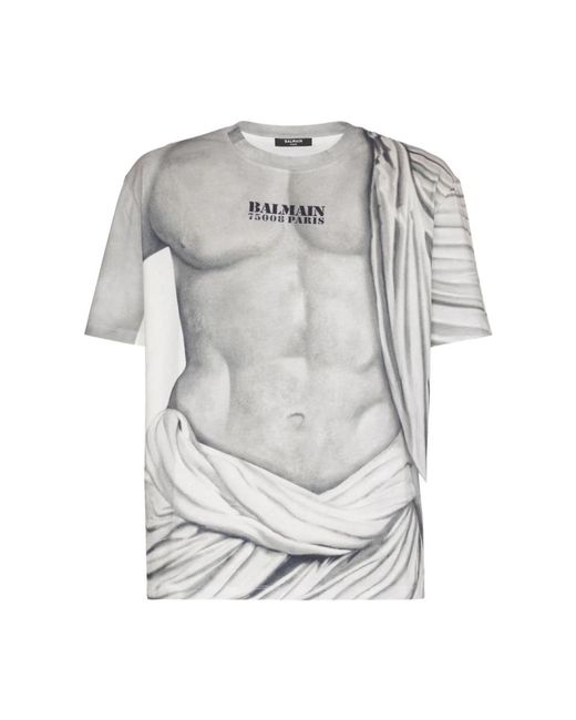 Balmain Tops ,Grijs ,Grafische Print Ronde Hals T-Shirts in het Gray voor heren