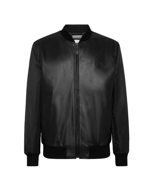 Philipp Plein Leren Bomberjack Met Nylon Mouwen in het Black voor heren