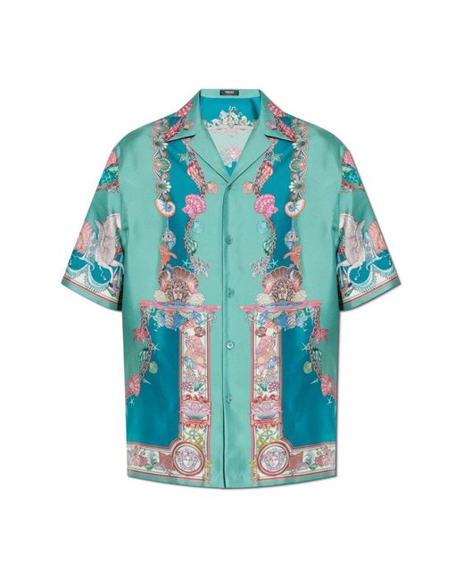 Versace Overhemden ,Blauw ,Leer Zijden Shirt Met Coral Theatre Print in het Blue voor heren