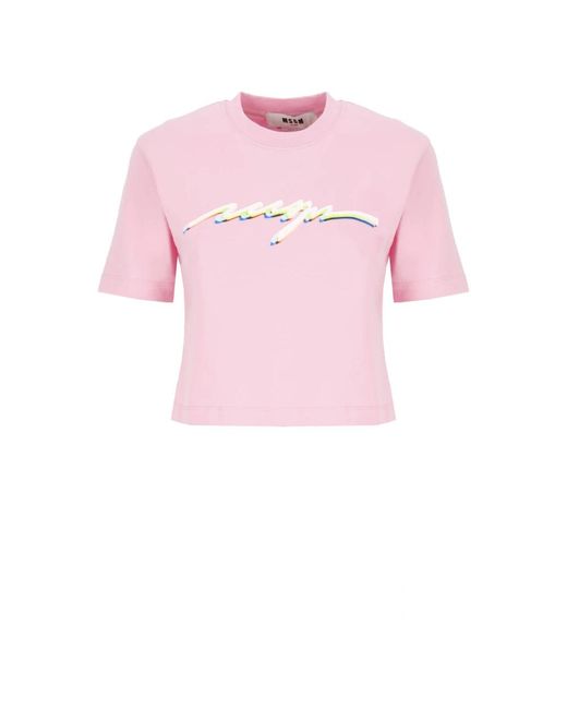 MSGM Pink Rosa baumwoll t-shirt runder ausschnitt logo