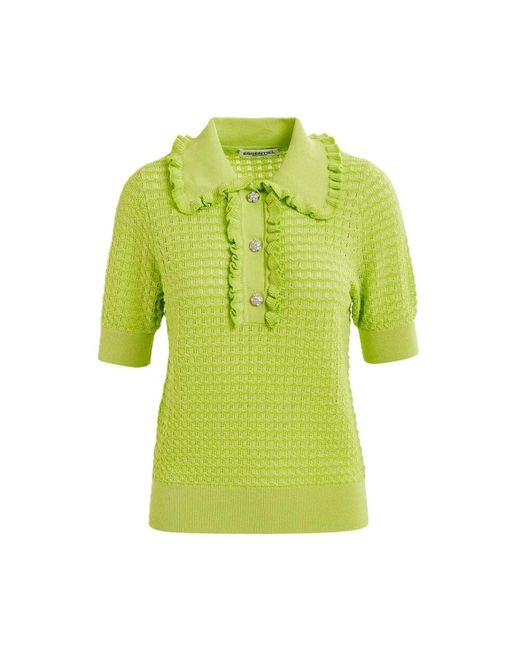 Essentiel Antwerp Green Strickpullover mit rüschenkragen und strassknöpfen