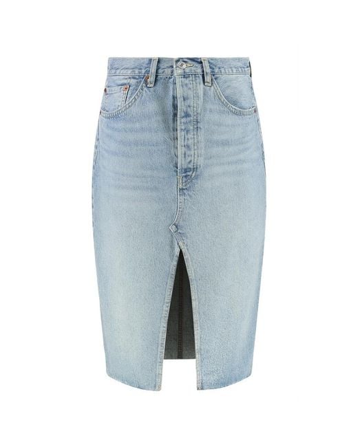 Re/done Blue Denimrock Mit Metallknöpfen Und Fransensaum