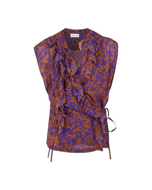 Dries Van Noten Gedrukte Ruche Wikkelblouse in het Purple