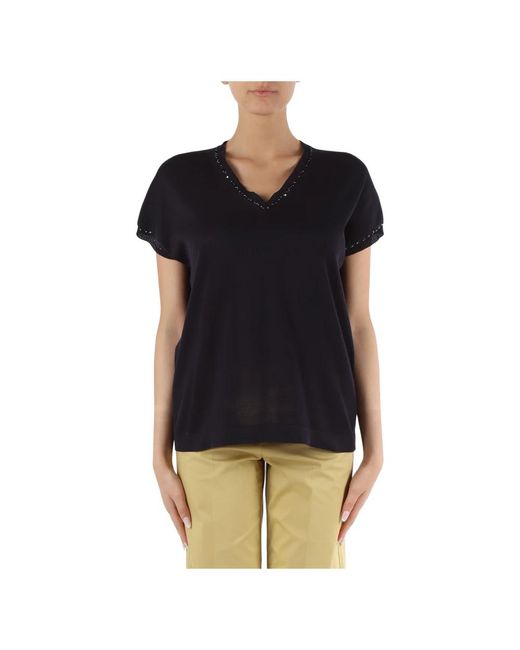 Camiseta de algodón con cuello en v y lentejuelas Fabiana Filippi de color Black