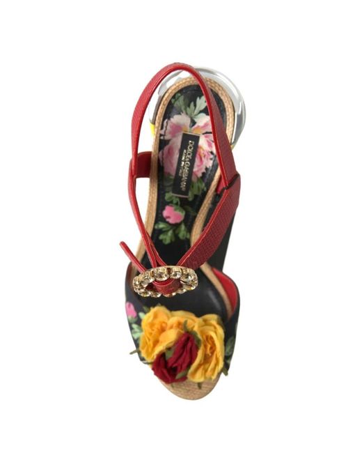 Dolce & Gabbana Red Mehrfarbige, floral verzierte, zylindrische Absätze AMORE Sandalen