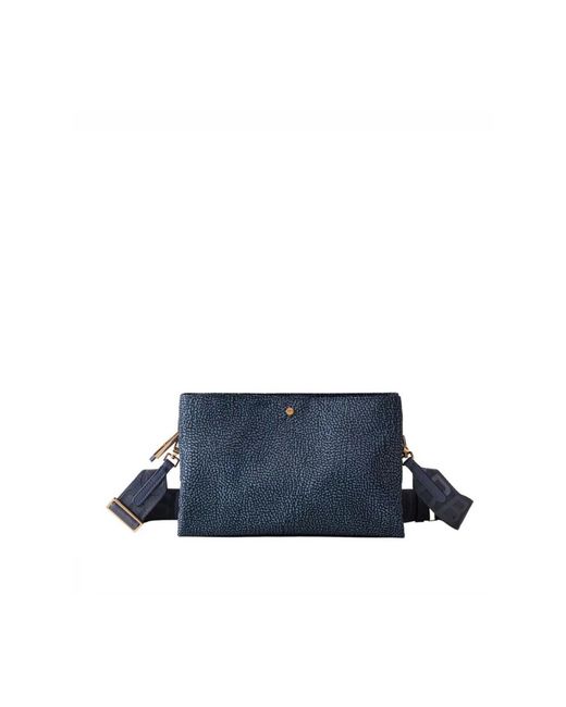 Borbonese Blue Denim Schultertasche Mit Logogurt