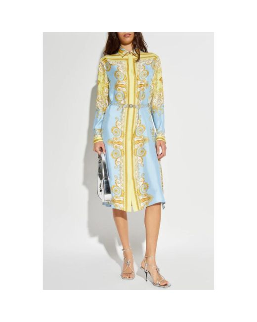 Versace Kleedjes ,Veelkleurig ,Leer Zijden Jurk Met Riem in het Blue