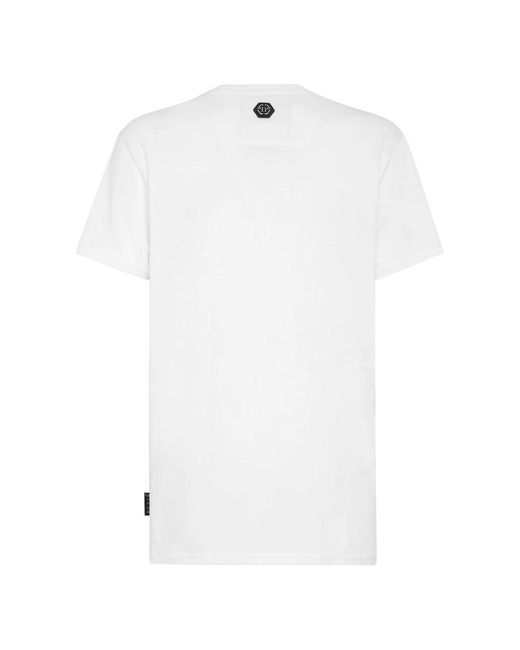 Philipp Plein Tops ,Wit ,Katoen T-Shirt Ronde Hals Ss Skull And Plein Met Kristallen in het Black