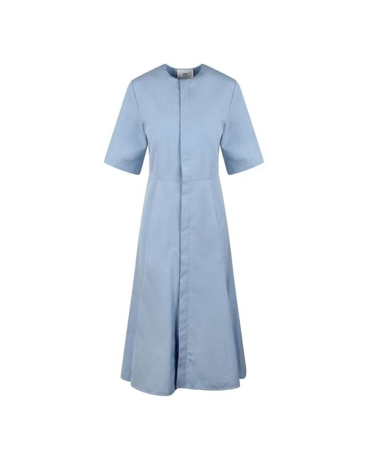 AMI Blue Baumwoll-popeline midi-kleid mit verstecktem verschluss