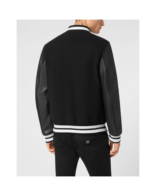 Philipp Plein Jassen ,Zwart ,Leer Bomber Jacket Lederen Mouwen College in het Black voor heren