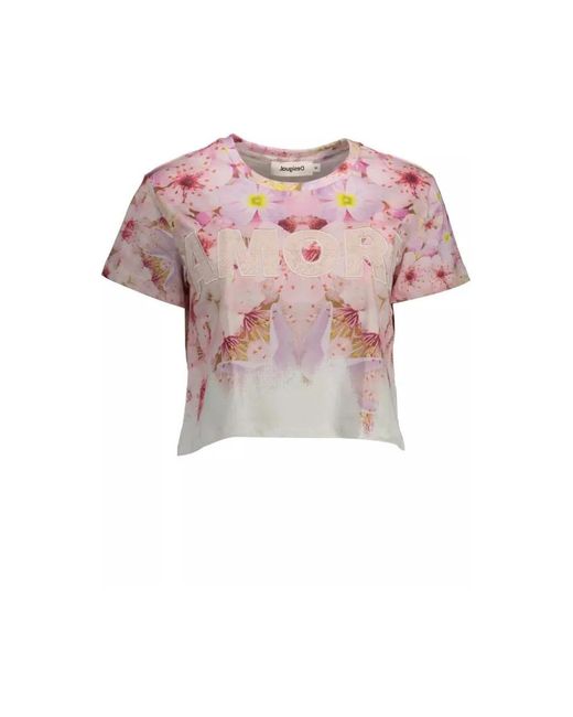 Desigual Tops ,Roze ,Katoen Geborduurd Roze Katoenen T-Shirt in het Pink