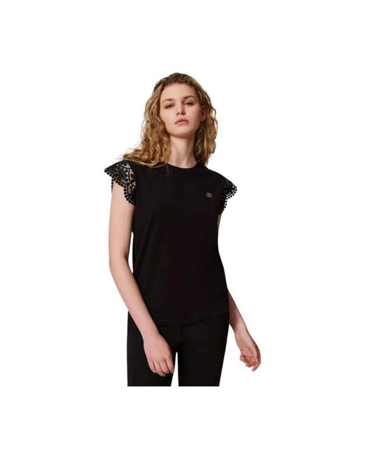 Twinset Black Schwarzes Baumwoll-T-Shirt Mit Makramee-Ärmeln