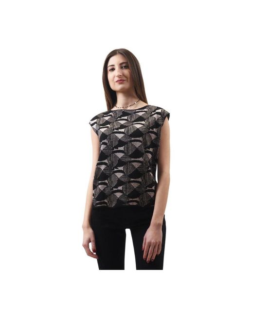 ALESSIA SANTI Black Geometrische Lurex-Bluse Ärmellos Bootsausschnitt
