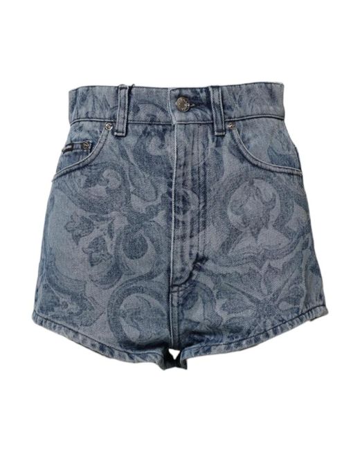 Dolce & Gabbana Blue Blumendruck High Waist Denim Shorts