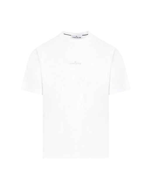 Stone Island Bedrucktes baumwoll-t-shirt mit geripptem ausschnitt in White für Herren