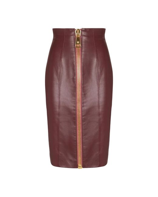 Balmain Leren Kokerrok Van Lamsleer in het Red