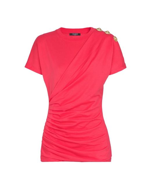 Balmain Tops ,Roze ,Katoen Geplooide T-Shirt Met Knopen in het Pink
