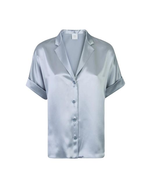 Eleventy Overhemden ,Blauw ,Satijn Shirt Met Korte Mouwen in het Blue