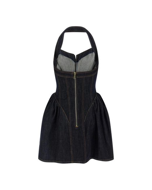 Self-Portrait Denim Halterneck Flared Mini Jurk in het Black
