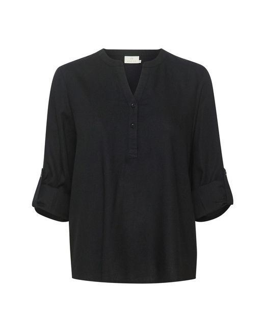 Kaffe Overhemden ,Zwart ,Linnen Zwarte Diepe Blouse Met V-Hals in het Black