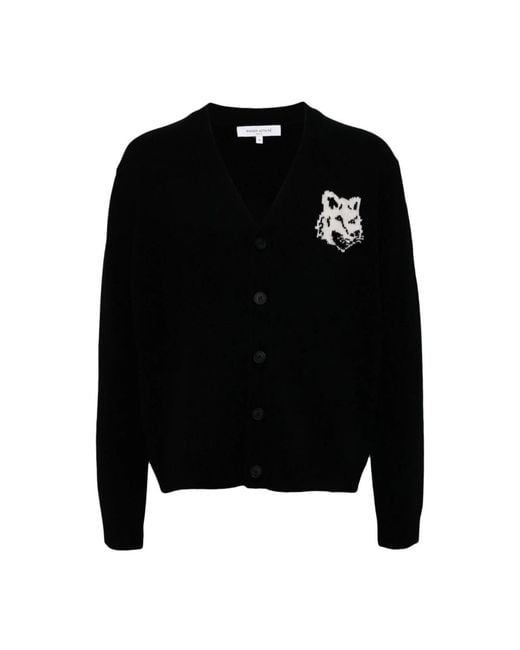 Maison Kitsuné Truien & Vesten ,Zwart ,Wol Fox Head Wool Cardigan Sweaters in het Black voor heren