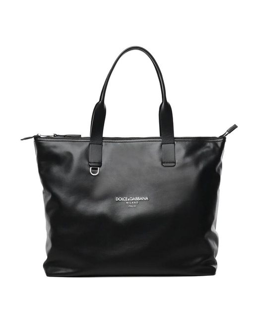 Dolce & Gabbana Schwarzer ledershopper mit frontlogo,schwarze lederhandtasche reißverschluss,schwarze leder einkaufstasche in Black für Herren