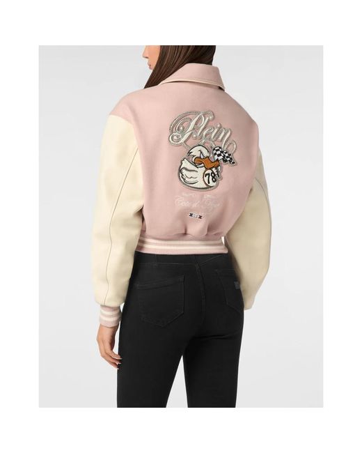 Philipp Plein Jassen ,Roze ,Wol Bomber Jacket College Pp Duck in het Pink