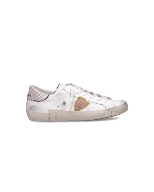 Philippe Model Schoenen ,Wit ,Katoen Unieke Witte Leren Sneakers Met Roze Python Detail in het White