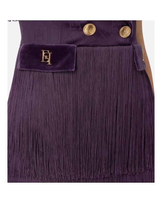 Elisabetta Franchi Purple Doppelreihiges fransenkleid aus jacquard-satin