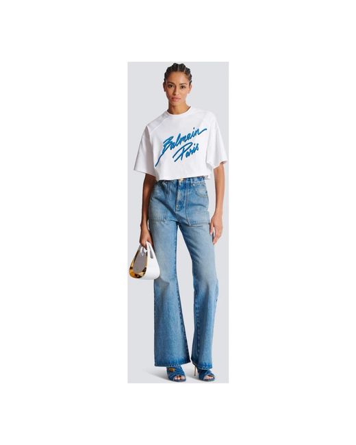 Balmain Geknipte T-Shirt Met Flock Letter Logo in het Blue