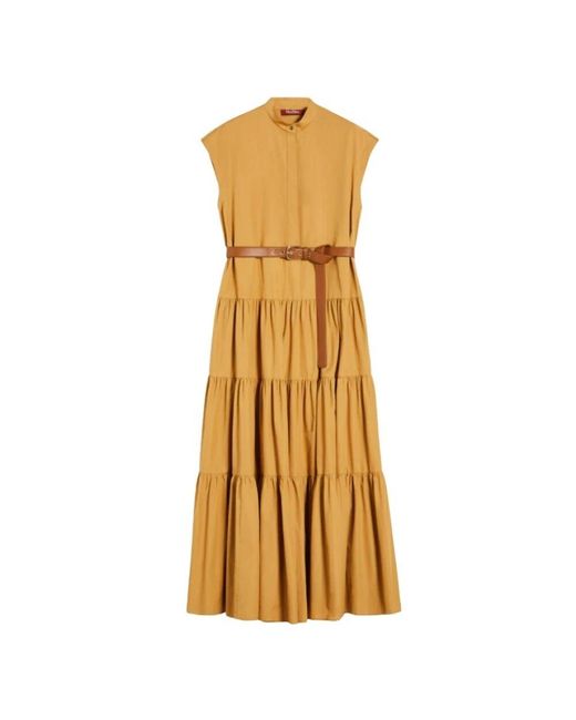 Max Mara Metallic Ocker Hemdblusenkleid Mit Volants