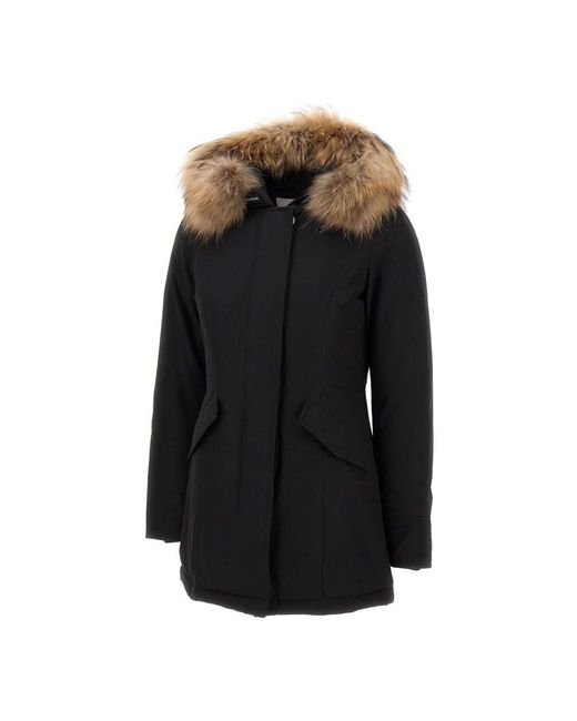 Parka De Tela Técnica Negra Con Piel, Mujer, Talla Woolrich de color Black