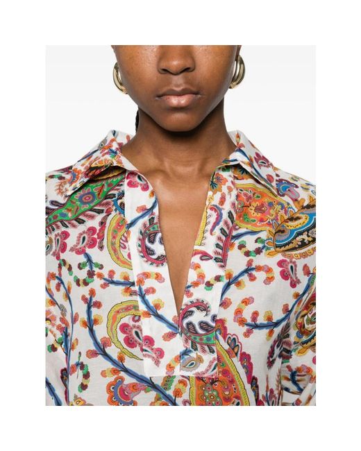 Etro Overhemden ,Veelkleurig ,Katoen Geprinte Katoenen En Zijden Blouse in het Multicolor