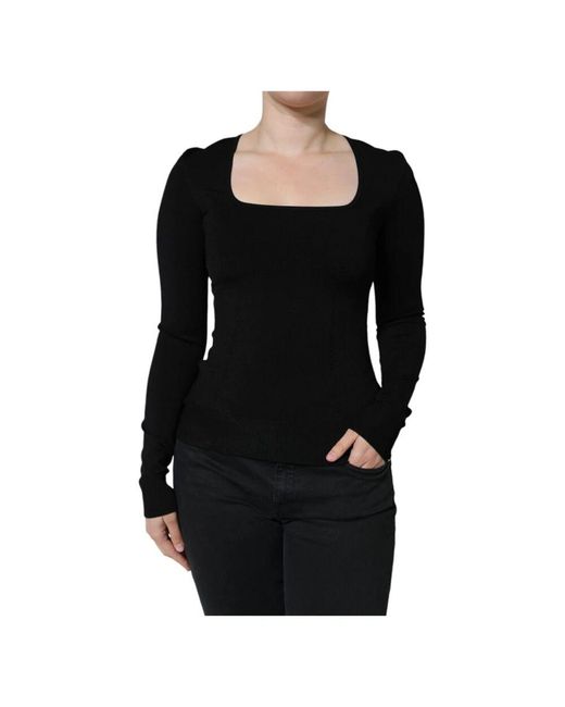 Dolce & Gabbana Black Schwarze Bluse Mit Quadratischem Ausschnitt Und Langen Ärmeln