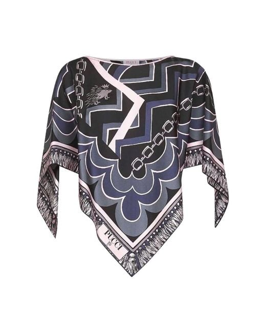 Emilio Pucci Zijden Bedrukte Zwarte Blouse in het Blue
