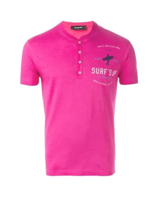 DSquared² Tops ,Roze ,Surf's Up Graphic Henley T-Shirt in het Pink voor heren