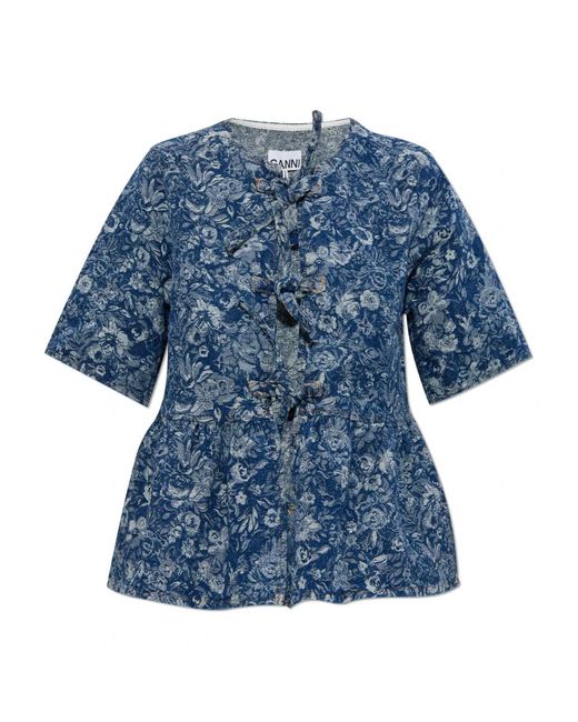 Ganni Overhemden ,Blauw ,Denim Jacquard Denim Top in het Blue